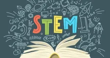 STEM. Science, technology, engineering, mathematics. Stack of books with science education doodles and hand written word "STEM"
